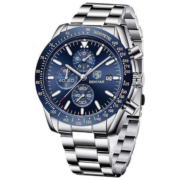 BY BENYAR Men's Analog Quartz Chronograph Watch - Waterproof Stainless Steel Dress & Sport Watch for Business & Casual Wear