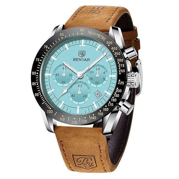 BY BENYAR Men's Waterproof Chronograph Watch - Elegant Brown Leather, Luminous, Perfect for Business & Casual Wear