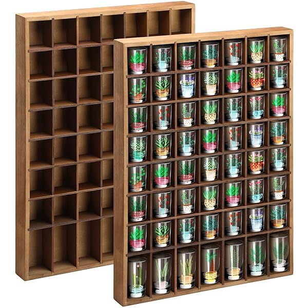 Barydat Wood Shot Glass Display Case Wall Mounted Rustic Bar Cabinet 56 Compartments Brown 2 Pcs