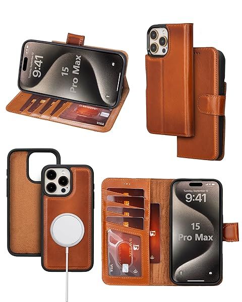 Bayelon Leather Wallet Case for iPhone 15 Pro Max Detachable Magnetic Flip Cover Card Holder RFID Blocking Rustic Tan