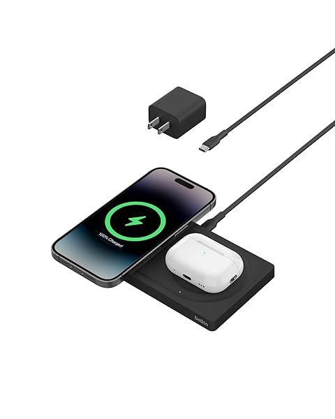 Belkin 2-in-1 Wireless Charging Pad with MagSafe 15W Fast Charging for iPhone 16 15 14 13 AirPods and MagSafe Devices Black