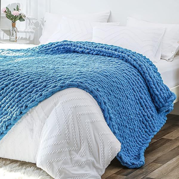 Bigacogo Chunky Knit Throw Blanket 51x63 inches Hand Knitted Jumbo Chenille Yarn Cozy Soft Rope Knot Crochet for Sofa Bed Living Room Bright Blue