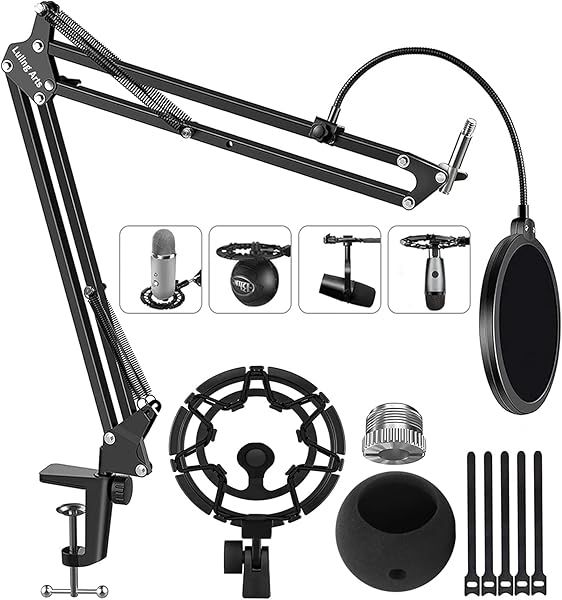Blue Yeti Boom Arm Adjustable Microphone Stand with Shock Mount and Pop Filter for Live Streaming Podcasting Gaming and Recording