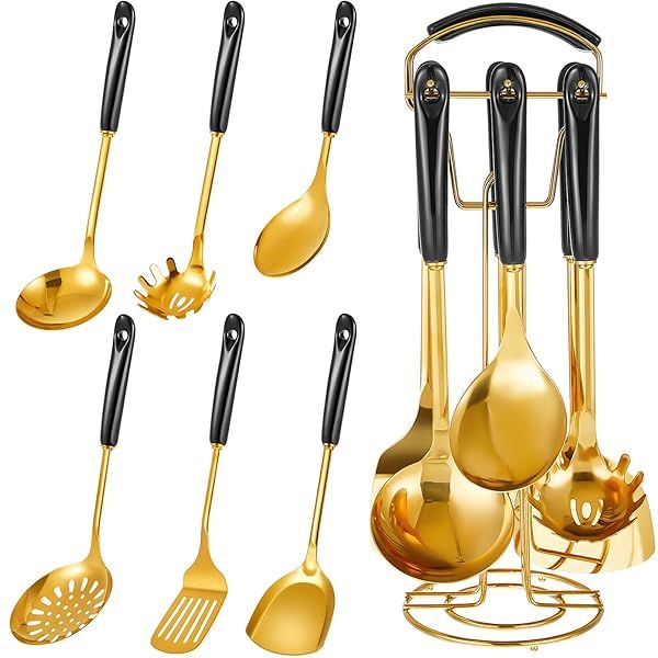 Blushtier Black and Gold 7 Piece Stainless Steel Cooking Utensils Set with Hanging Shelf for Kitchen Use