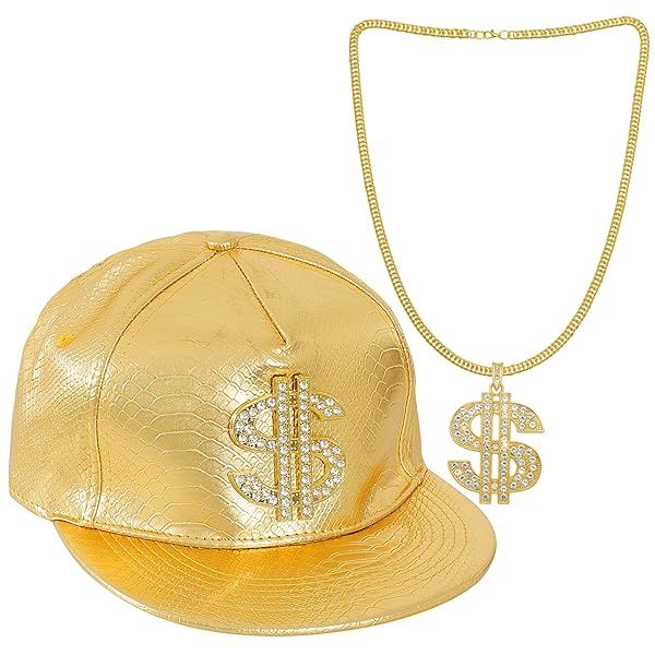 Bskifnn Hip Hop Costume Hat Kit 80s 90s Gold Hat and Dollar Sign Necklace for Men and Women Rapper Outfit