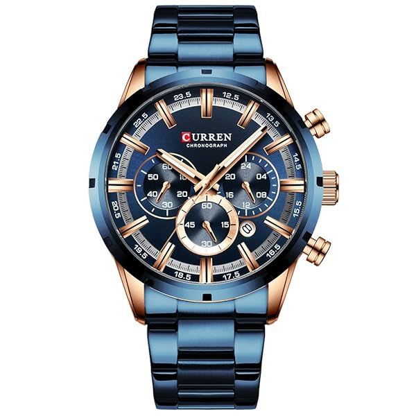 Shop CURREN Men's Sport Quartz Chronograph Watch - Luminous Hands, Rose Gold & Blue Stainless Steel