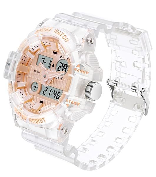 Buy Carlien Men's Waterproof Analog Digital LED Watch - Multifunctional Sports Timepiece with Transparent Rose Gold Strap