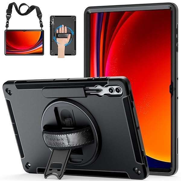 Case for Samsung Galaxy Tab S9 Ultra 2023: 3-Layer Rugged Military Grade Shockproof Case for Tab S8 Ultra 14.6 Inch with 360° Swivel Stand - Handle - Shoulder Strap - S Pen Holder - Black