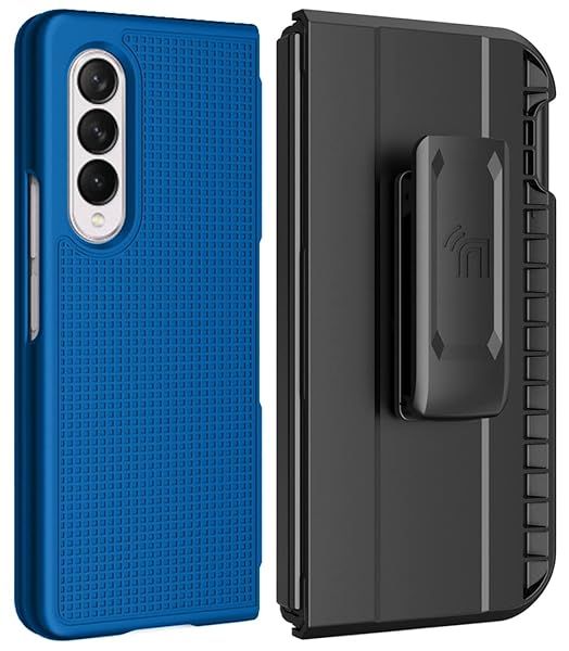 Galaxy Z Fold 3 5G Case with Clip & S Pen Slot - Slim Hard Cover & Rotating Belt Holster Combo in Cobalt Blue