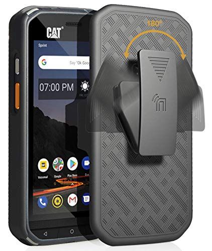 CAT S48c Case with Clip & Kickstand - Black Tread Holster for Caterpillar Phone (Verizon, Sprint, Unlocked)