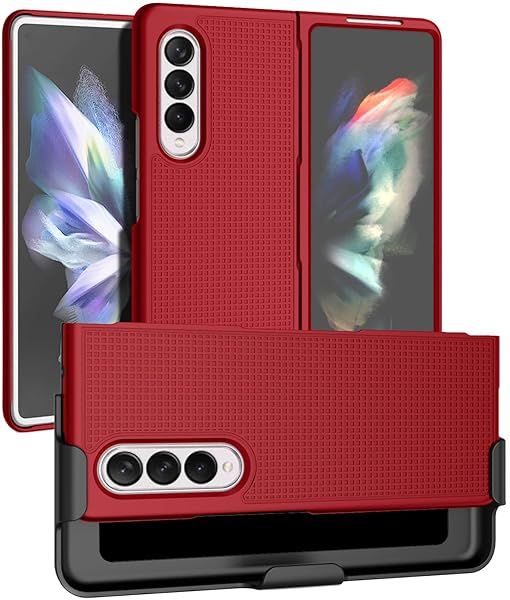 Galaxy Z Fold 3 5G Case with Clip & Holster - Slim Hard Cover & Stand Combo in Red | Nakedcellphone