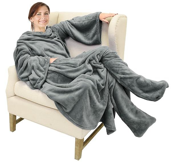 Cozy Catalonia Wearable Fleece Blanket with Sleeves & Foot Pockets for Adults - Micro Plush Grey Robe