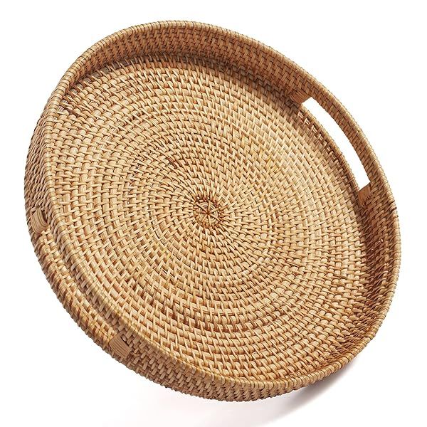 Large Round Rattan Coffee Table Tray Woven Serving Tray with Handles for Home and Kitchen Decorative Natural 14 inch x 2.8 inch