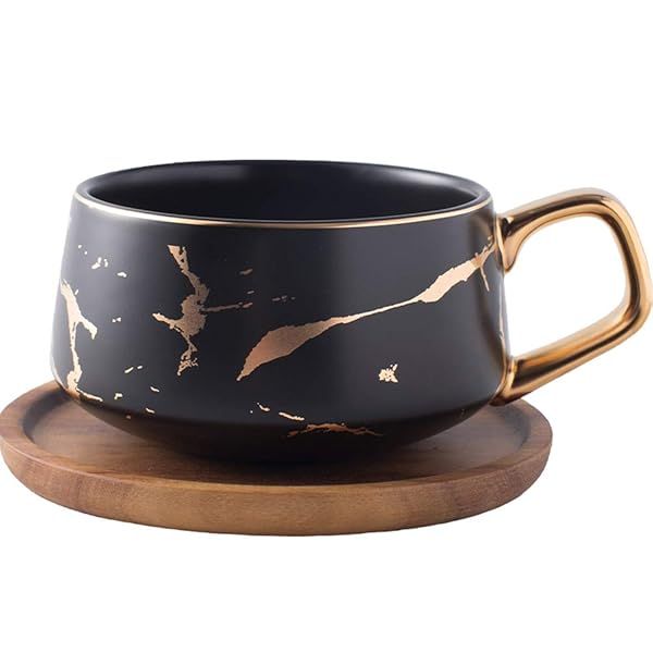 Luxury Golden Marble Latte Cups with Wood Saucers - 10.5 Oz Matte Ceramic Coffee & Tea Set (Black)
