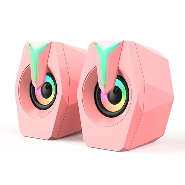 Computer Speaker RGB Pink Game led Speaker for PC 2.0 Wired USB Powered Stereo Volume Control Dual Channel Multimedia AUX 3.5mm for Laptop Desktop Display, 6W