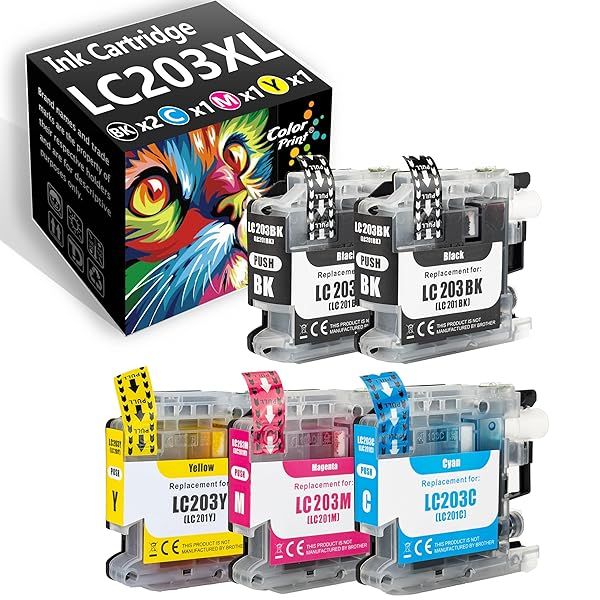 CyberpowerPC Ink Cartridge Replacement for Brother LC203 XL 5 Pack Cyan Magenta Yellow Black