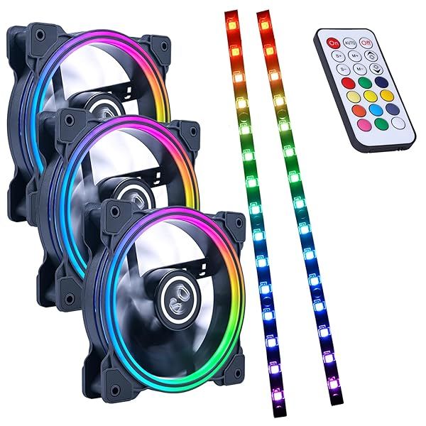 DS 120MM RGB Case Fans with Controller - 3 Pack LED Fans & Strips for PC Cooling & Lighting