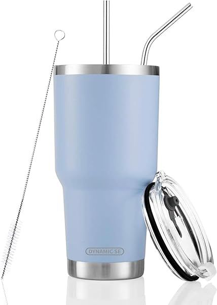 30oz Blue Stainless Steel Tumbler - Double Wall Insulated Mug with Straw & Lid for Hot/Cold Drinks
