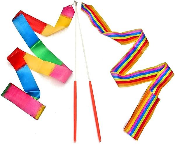 Rainbow Dance Ribbons & Streamers for Kids - 2pc Rhythmic Gymnastics & Baton Twirling Wands