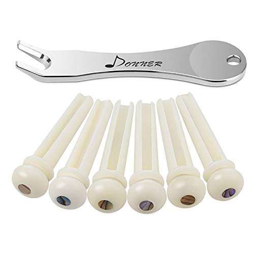 Donner Acoustic Guitar Bridge Pins - 6PCS White Bone with Abalone Dot & Puller | Enhance Your Guitar's Sound!
