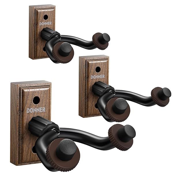 Donner Guitar Wall Mount 3 Pack - Black Walnut Hanger for Acoustic, Electric, Bass, Ukulele & More