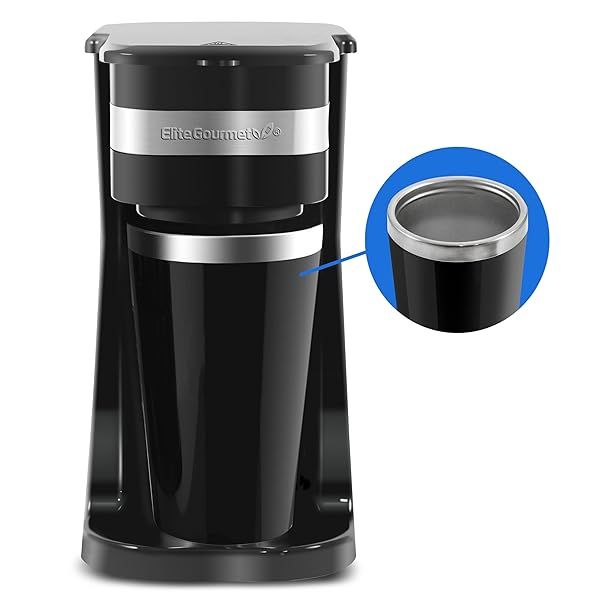 Elite Gourmet EHC111A Single-Serve Coffee Maker with 14Oz Thermal Mug - Compact & Compatible with Coffee Grounds