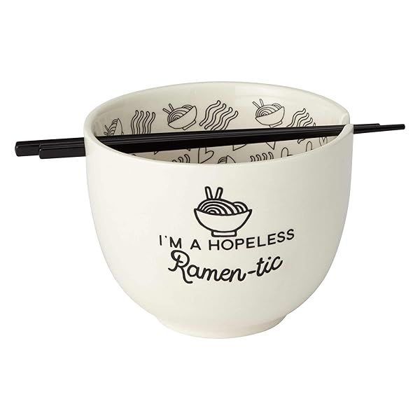 Enesco Hopeless Ramen-Tic Soup Bowl & Chopsticks Set - 5 Inch White Ceramic | Perfect Gift for Ramen Lovers