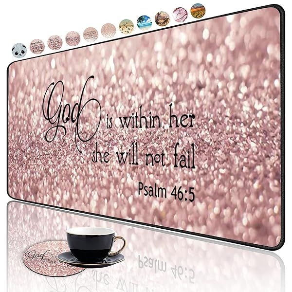 Large Extended Gaming Mouse Pad with Non-Slip Base & Cup Coaster - Psalm 46:5 Rose Gold Glitter Design