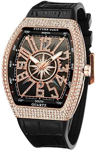 FANMIS Mens Skull Big Face Watches Rectangle Punk Diamond Dial Leather Strap Calendar Quartz Sports Wrist Watch (Rose Black)
