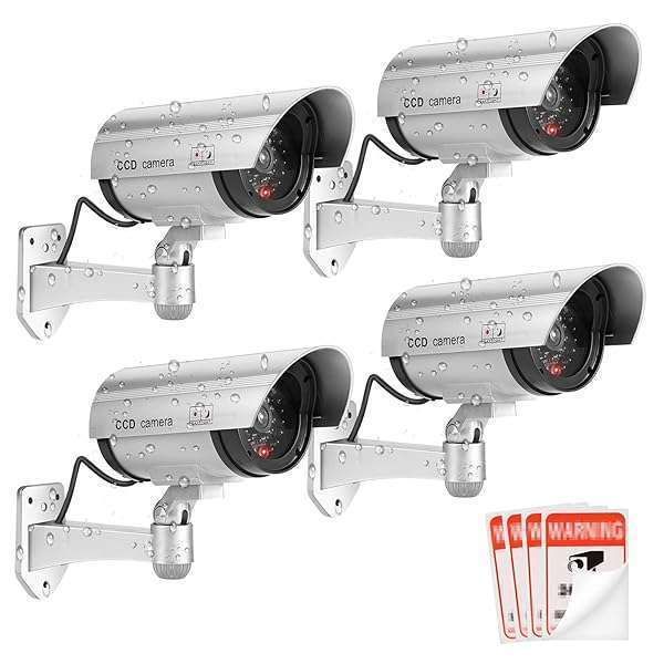 FITNATE Fake Camera System: 4-Pack Dummy CCTV with LED Flashing Light & Warning Stickers for Indoor/Outdoor Security
