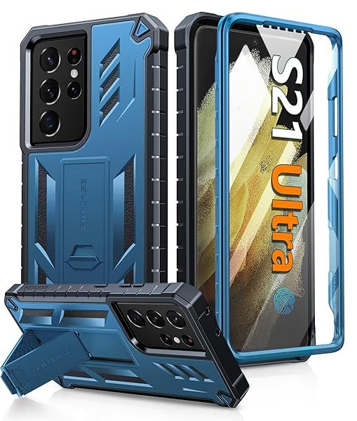 FNTCASE Military Grade Rugged Case for Samsung Galaxy S21 Ultra with Kickstand Shockproof TPU Protection Blue 6.8 inches