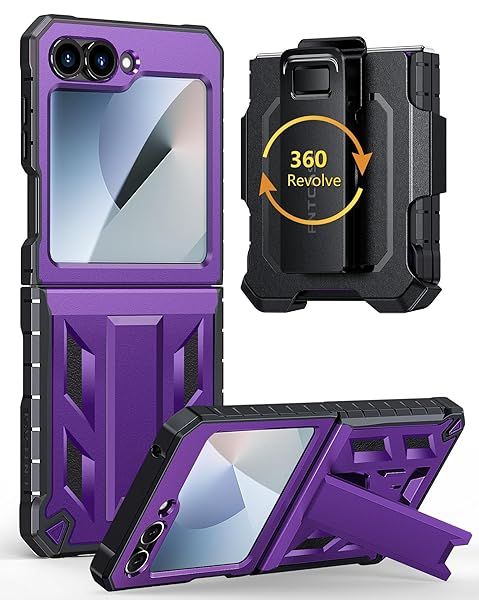 FNTCASE Military Grade Shockproof Case for Samsung Galaxy Z Flip 6 with Belt Clip Holster and Kickstand in Purple 2024