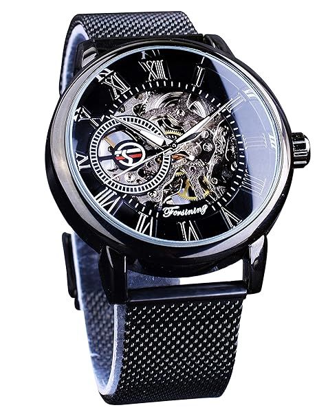 FOR SINING Black Mechanical Watch for Men - Minimalist Retro Skeleton Design with Transparent Mesh Band