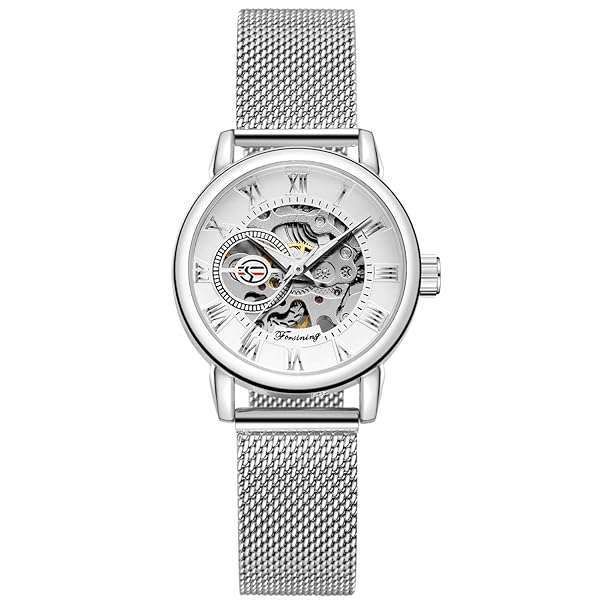 FOR SINING Women's Skeleton Wristwatch: Stylish Waterproof Self-Wind Mechanical Watch with Stainless Steel Mesh Band