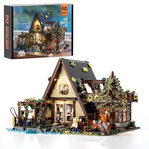 FUNWHOLE A-Frame Cabin Lighting Building Bricks Set 2061 PCS Adult Construction Model for Teens and Adults