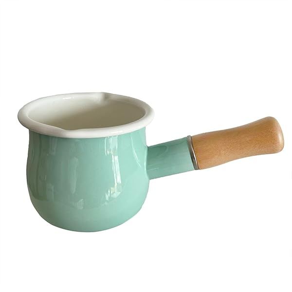 FYUEROPA Enamel Milk Pot Non-stick Mini Saucepan 4 Inch 17 Oz Small Cookware with Wooden Handle Green