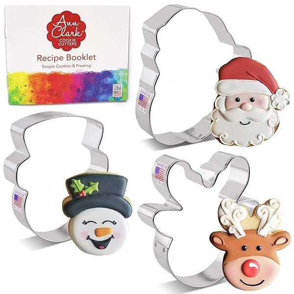 Ann Clark 3-Pc. Christmas Cookie Cutters Set: Santa, Reindeer & Snowman Faces - Made in USA