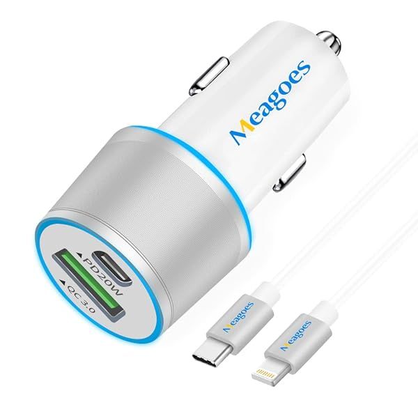 Meagoes 20W USB C Car Charger: Fast PD Adapter for iPhone 14/13/12/11 & MFi Certified Lightning Cable
