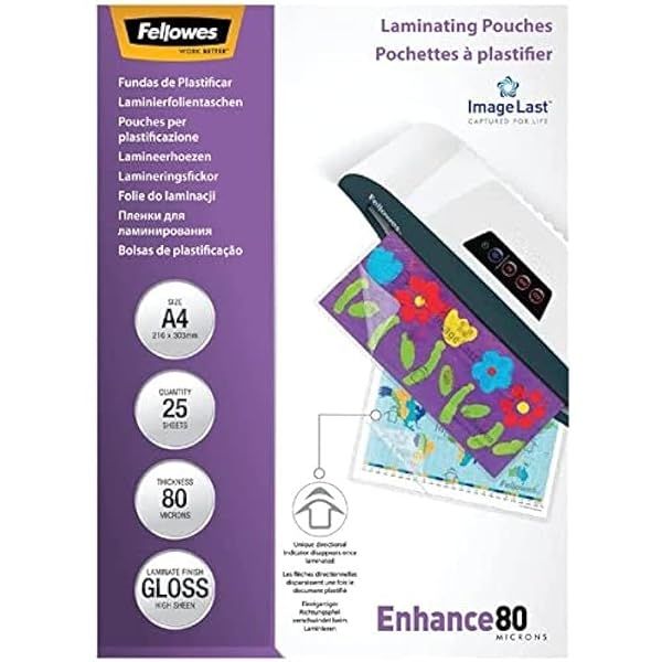 Fellowes ImageLast A4 Laminating Pouches 80 Micron - Pack of 25, Transparent for Durable Protection