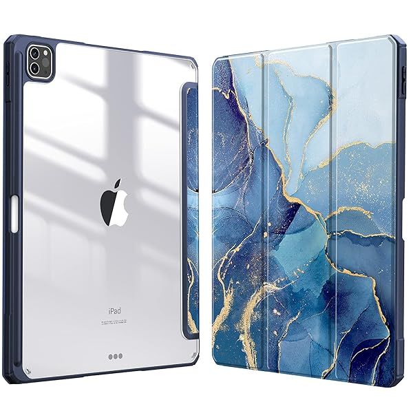Fintie Hybrid Slim Case for iPad Pro 12.9 inch 6th Gen with Built-in Pencil Holder Shockproof Clear Back Shell Ocean Marble Design