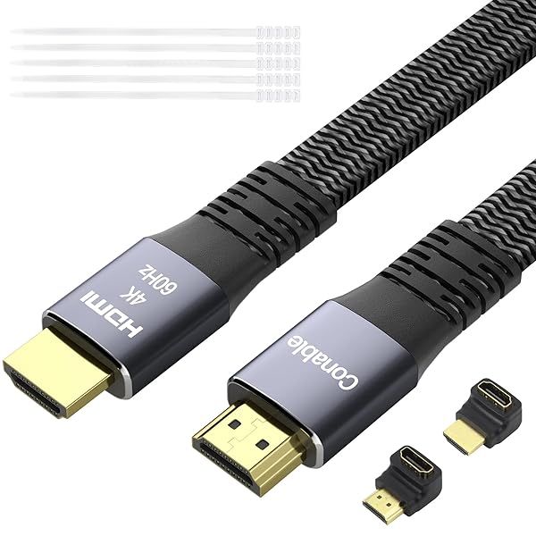 Flat HDMI Cable 20 Feet High Speed Braided Cord Pure Copper 4K 60Hz 2160p 1080p HDR HDCP 2.2 ARC Full 3D with 25 Ties and 2 Adapters