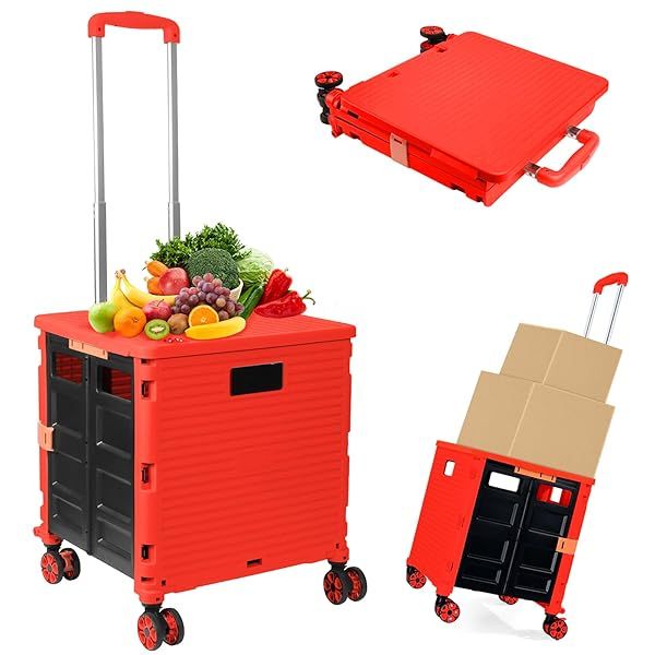 Foldable Utility Cart Folding Portable Rolling Crate Handcart Shopping Trolley Wheel Box with Lid Wear-Resistant Noiseless 360°Rotate Wheel for Travel Shopping Moving Storage Office Use (Red)