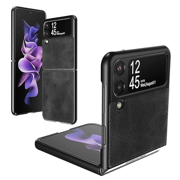 Foluu Galaxy Z Flip 3 5G Case: Ultra Thin Leather & Hard PC Shell, Durable Protection (Black)