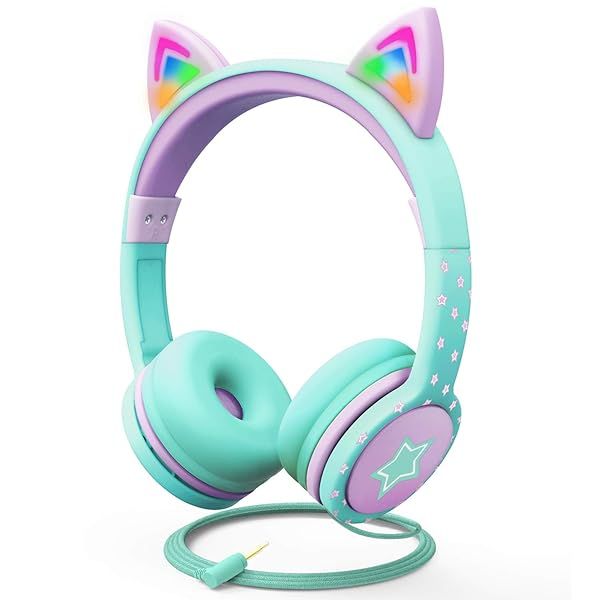 FosPower Kids Headphones with LED Cat Ears - Safe 85 dB Volume, Tangle-Free Cables for School & Travel - Teal/Purple