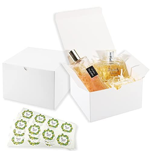 Frantis White Gift Boxes 20 Pack Small 6x6x4 Inch Easy to Assemble with Lids for Parties Weddings Christmas and Includes 24 Thank You Stickers