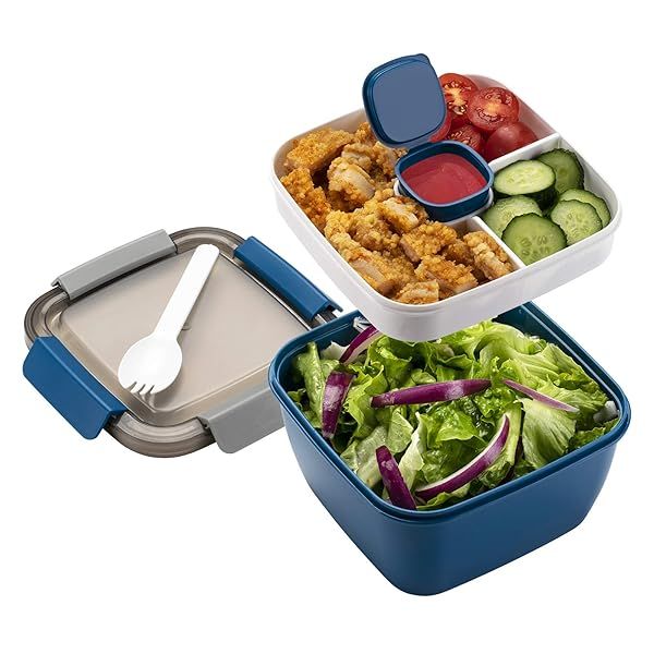 Freshmage 52-oz Salad Lunch Container: 3 Compartment Bowls for Toppings & Snacks - Perfect for Men & Women (Blue)