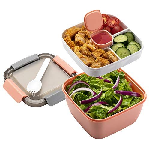Freshmage 52-oz Salad Lunch Container: 3 Compartment Bowls for Toppings & Snacks - Perfect for Men & Women (Pink)