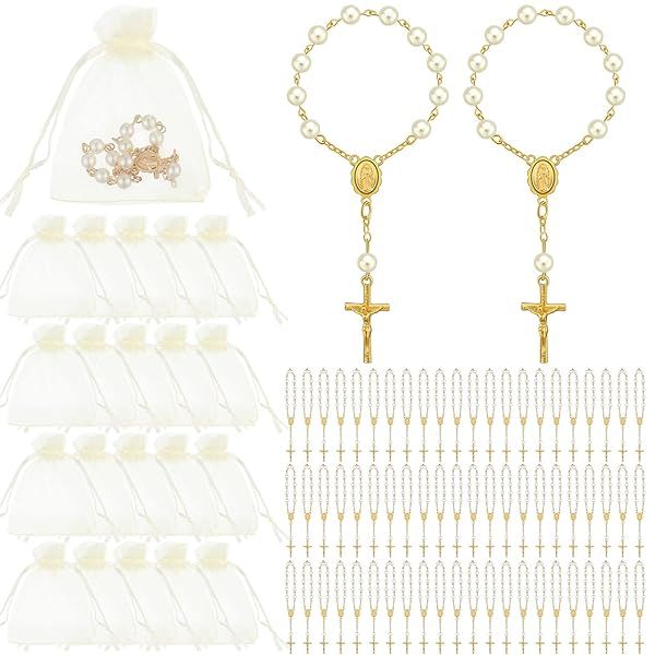 Fumete 60 Mini Rosary Favors Acrylic Beads with Organza Bags for Baptism Christening Weddings Party
