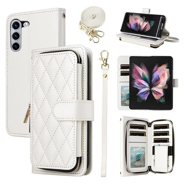 Furiet Wallet Case for Samsung Galaxy Z Fold 5 5G with Wrist Strap and 9 Card Slots Luxury PU Leather Stand Cover White