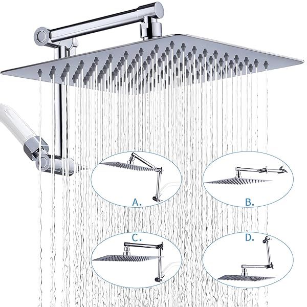 G-Promise 10 Inch Rain Shower Head with Adjustable Arm High Pressure Luxury Square Waterfall Chrome Finish